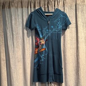 Y2K Blue Hooded Zip-Up Dress with Koi Design EUC